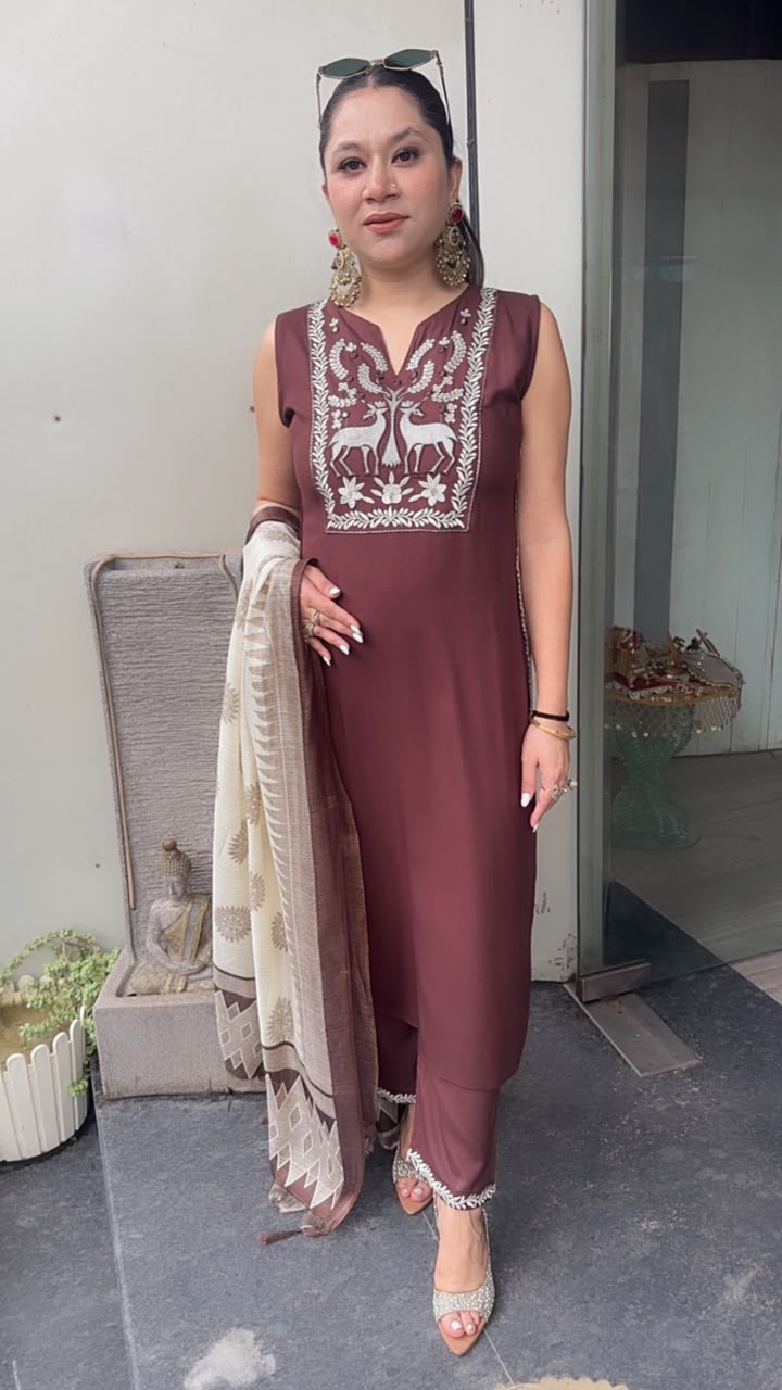 Masala Brown Designer Suit (Sleeve fabric Attached)