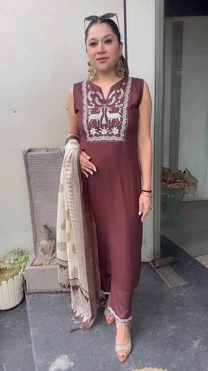 Masala Brown Designer Suit (Sleeve fabric Attached)