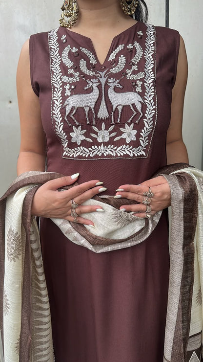 Masala Brown Designer Suit (Sleeve fabric Attached)