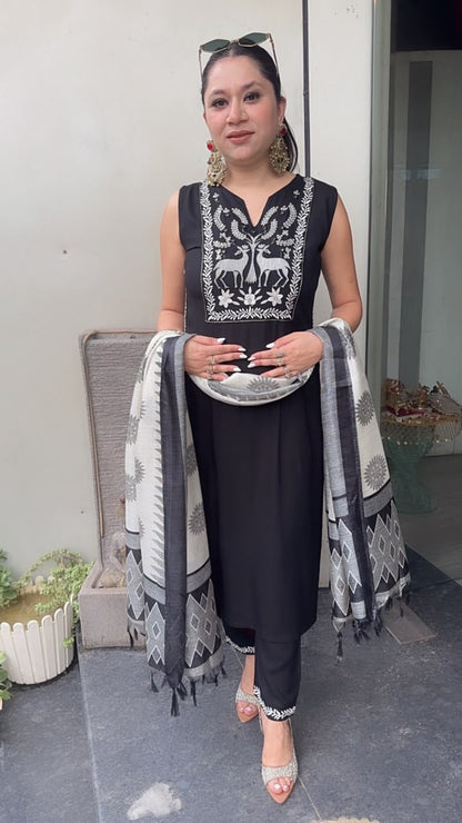 Masala Black Designer Suit (Sleeve fabric Attached)