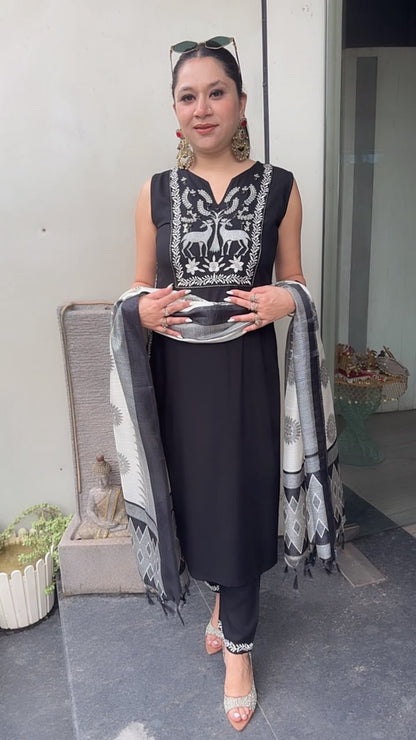 Masala Black Designer Suit (Sleeve fabric Attached)