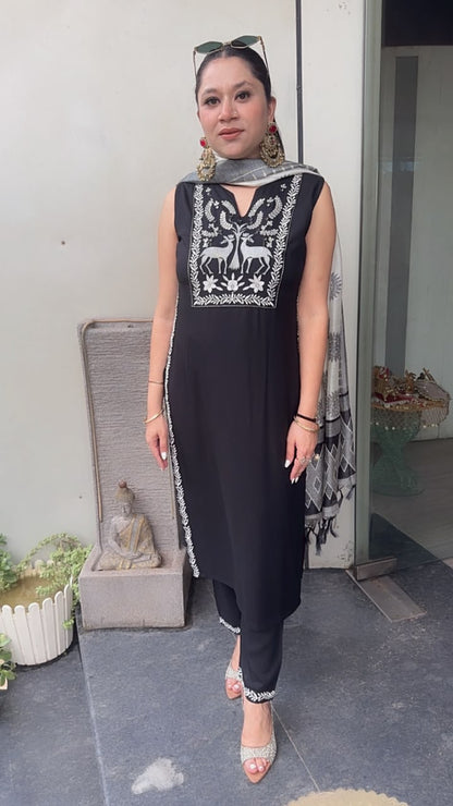 Masala Black Designer Suit (Sleeve fabric Attached)