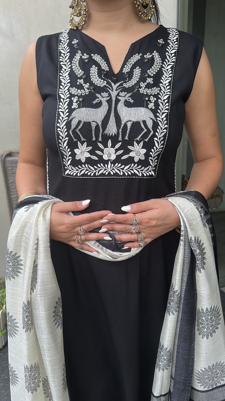 Masala Black Designer Suit (Sleeve fabric Attached)