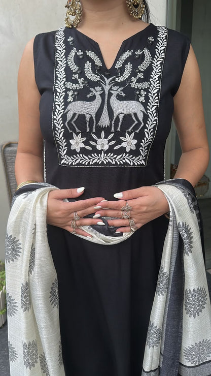 Masala Black Designer Suit (Sleeve fabric Attached)