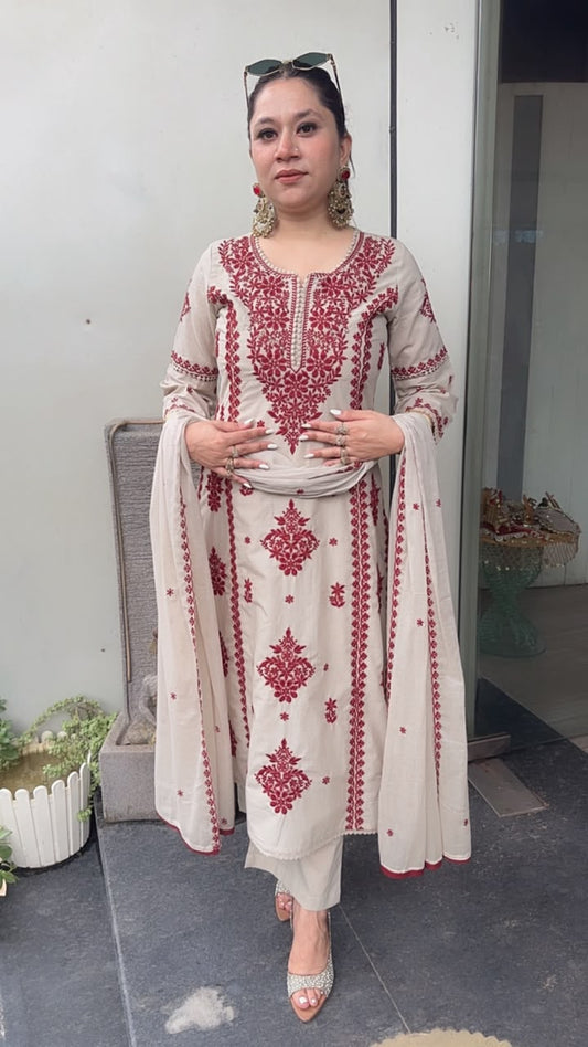 Lucknowi Beige Mahroon Chikankari A-Line Cotton Suit