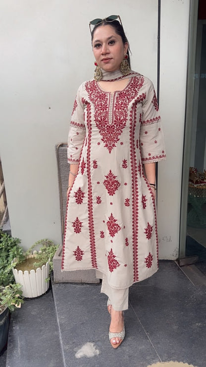 Lucknowi Beige Mahroon Chikankari A-Line Cotton Suit