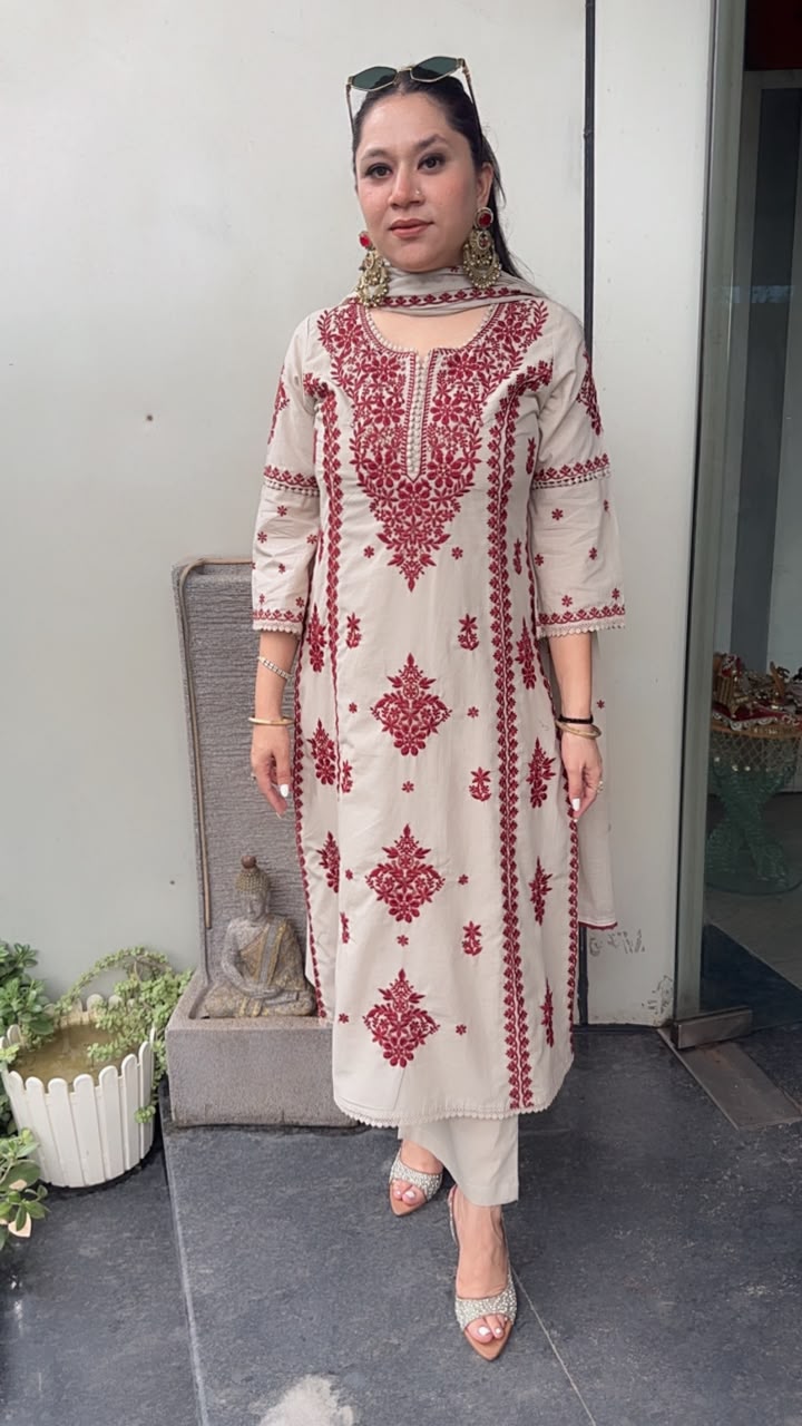 Lucknowi Beige Mahroon Chikankari A-Line Cotton Suit