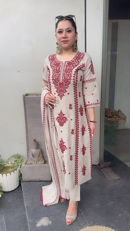 Lucknowi Beige Mahroon Chikankari A-Line Cotton Suit