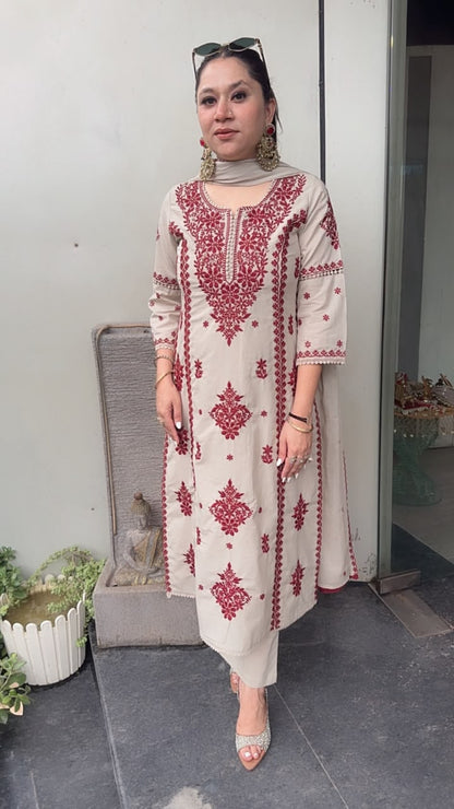 Lucknowi Beige Mahroon Chikankari A-Line Cotton Suit