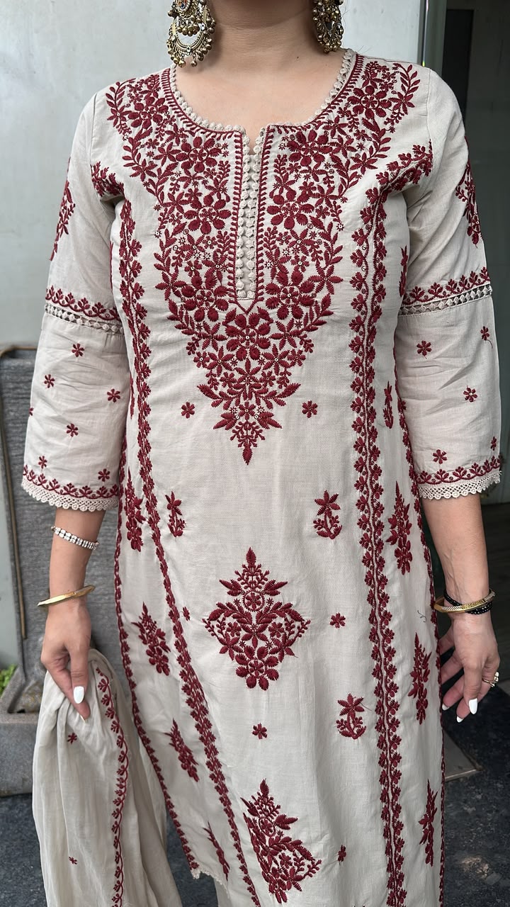 Lucknowi Beige Mahroon Chikankari A-Line Cotton Suit