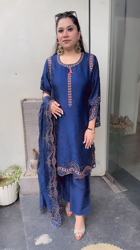 Della Navy Blue Pakistani Cut work Designer suit