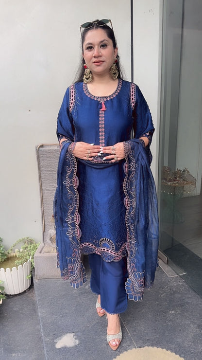 Della Navy Blue Pakistani Cut work Designer suit