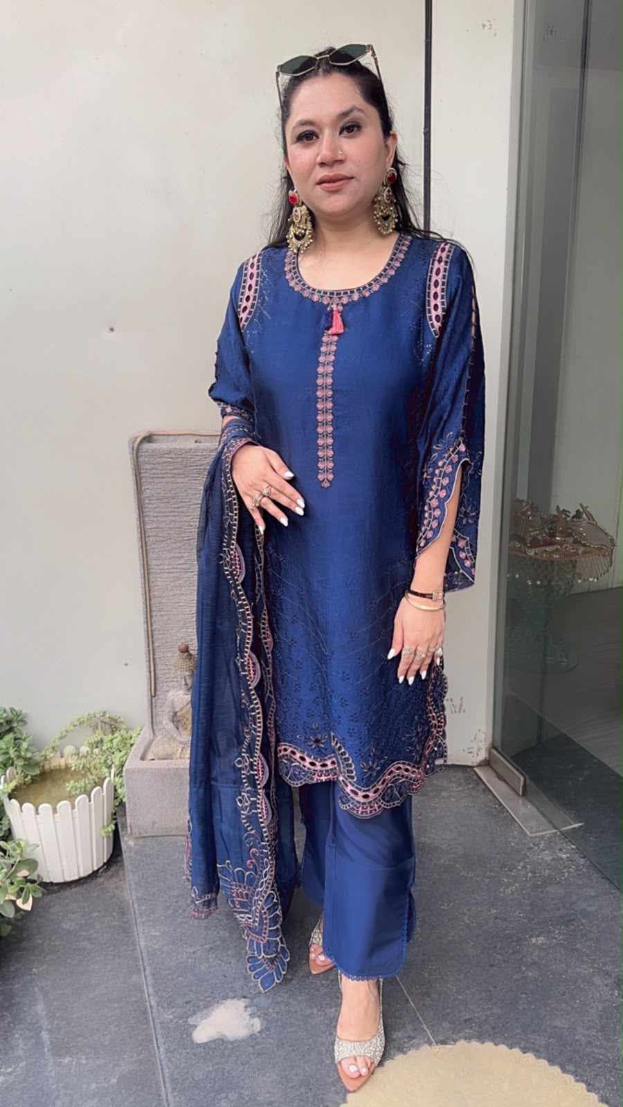 Della Navy Blue Pakistani Cut work Designer suit