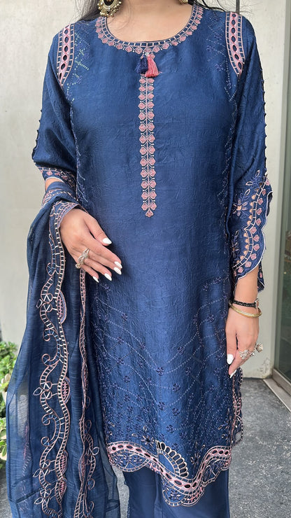 Della Navy Blue Pakistani Cut work Designer suit