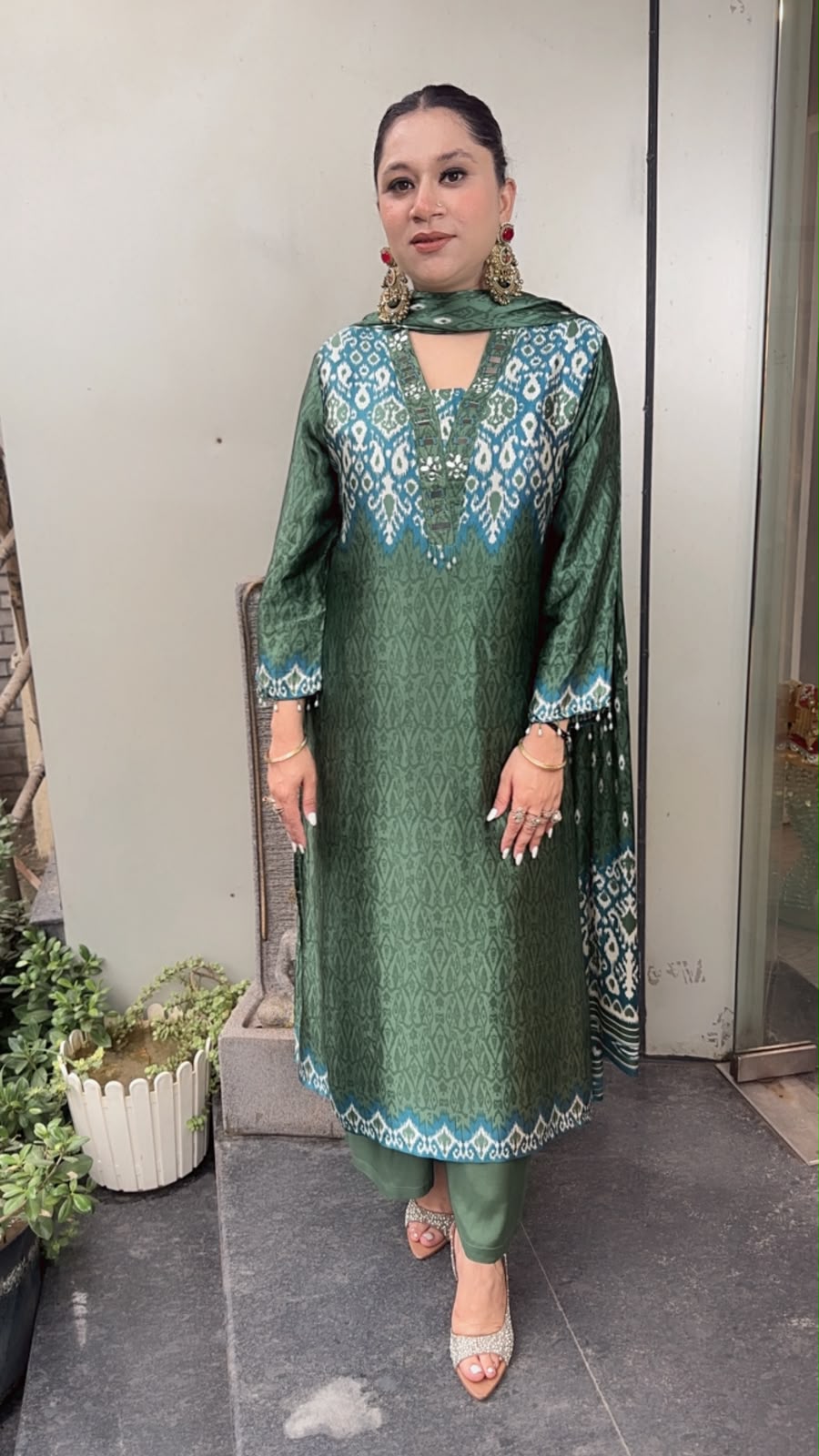 Teej Green Digital print Designer suit
