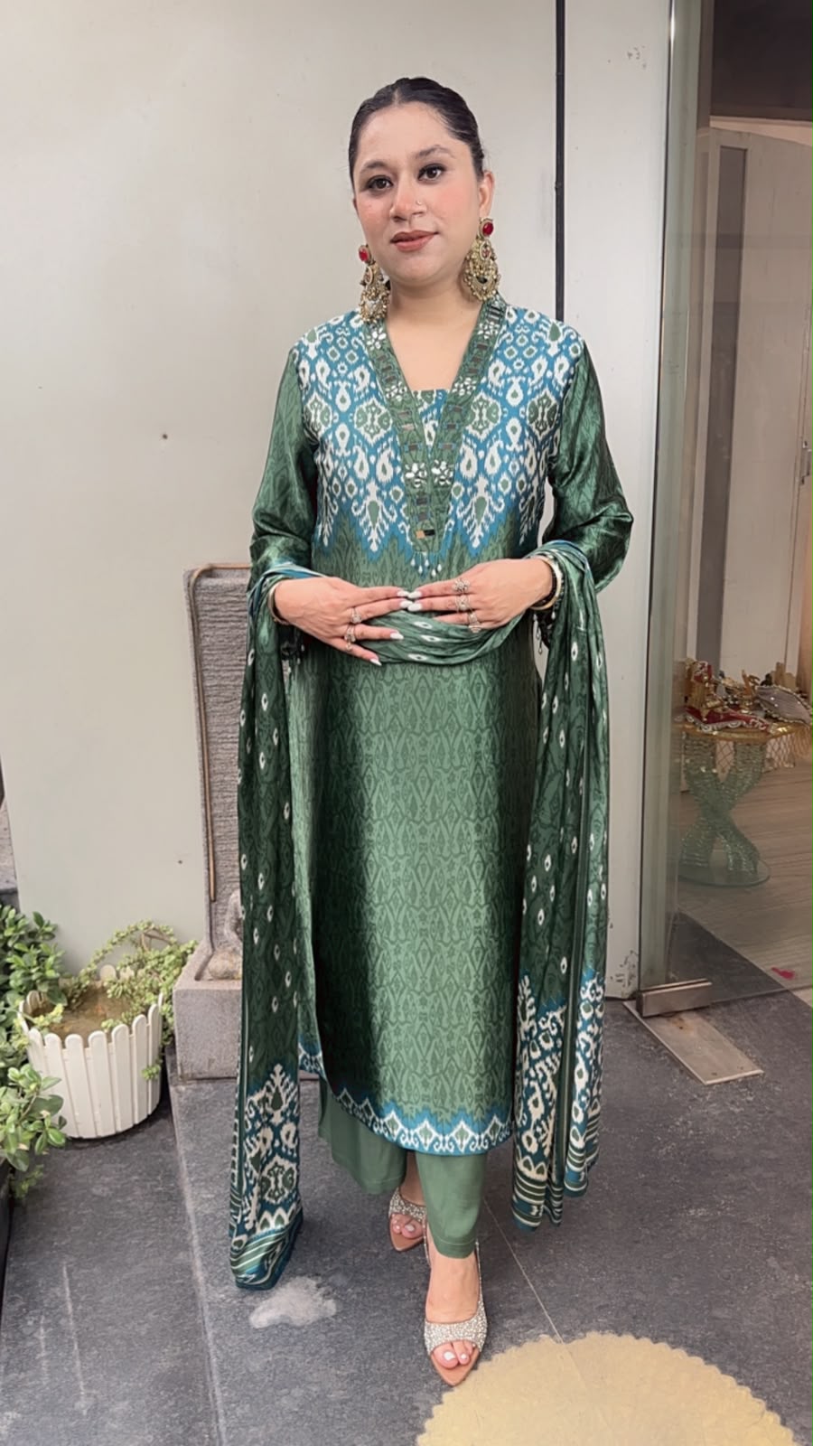 Teej Green Digital print Designer suit