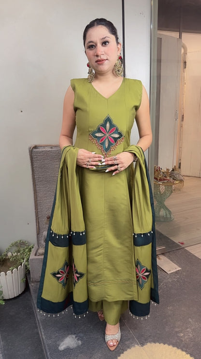 Amber Green Cotton Designer Anarkali Suit (Sleeve fabric Attached)