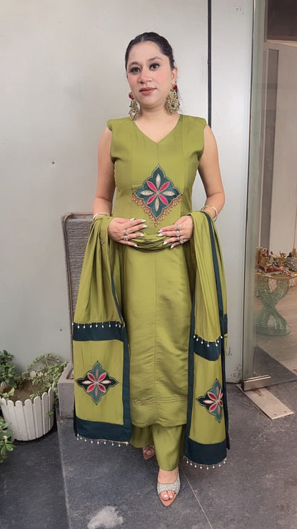 Amber Green Cotton Designer Anarkali Suit (Sleeve fabric Attached)