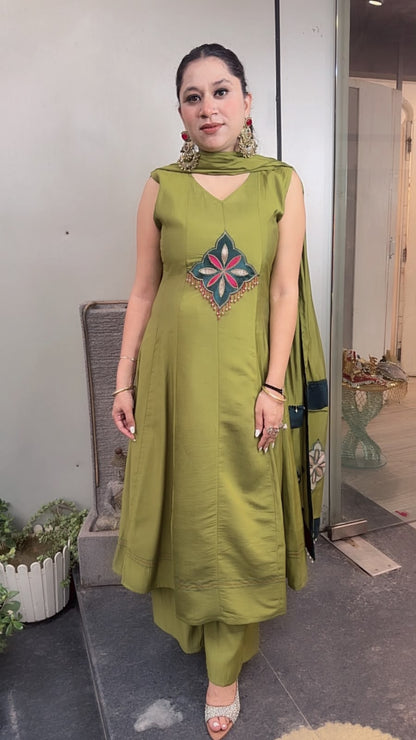 Amber Green Cotton Designer Anarkali Suit (Sleeve fabric Attached)