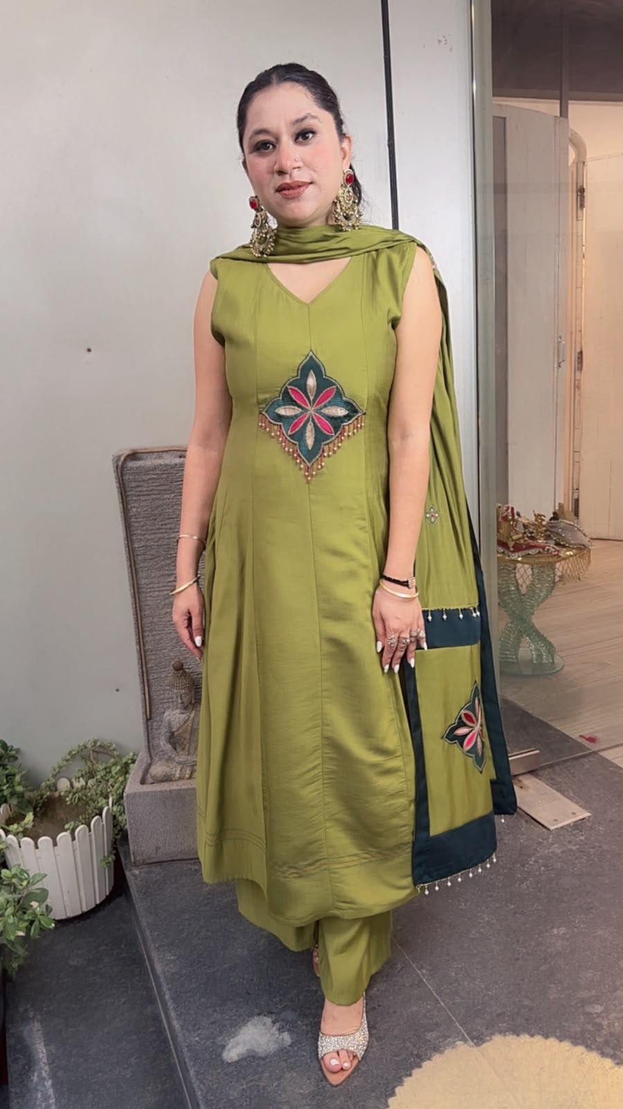 Amber Green Cotton Designer Anarkali Suit (Sleeve fabric Attached)