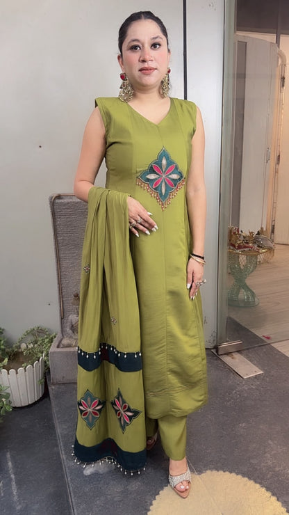 Amber Green Cotton Designer Anarkali Suit (Sleeve fabric Attached)