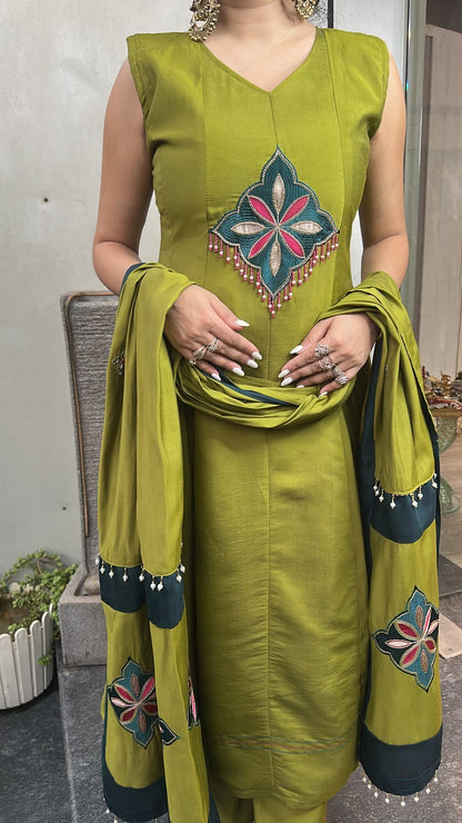 Amber Green Cotton Designer Anarkali Suit (Sleeve fabric Attached)