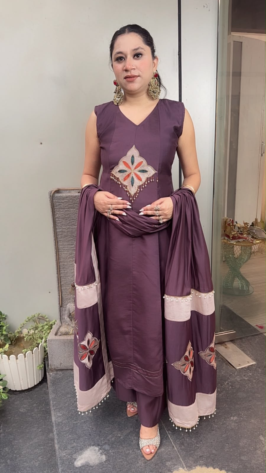 Amber purple Cotton Designer Anarkali Suit (Sleeve fabric Attached)