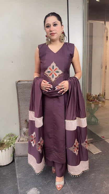 Amber purple Cotton Designer Anarkali Suit (Sleeve fabric Attached)
