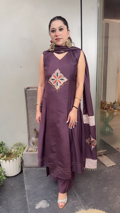 Amber purple Cotton Designer Anarkali Suit (Sleeve fabric Attached)