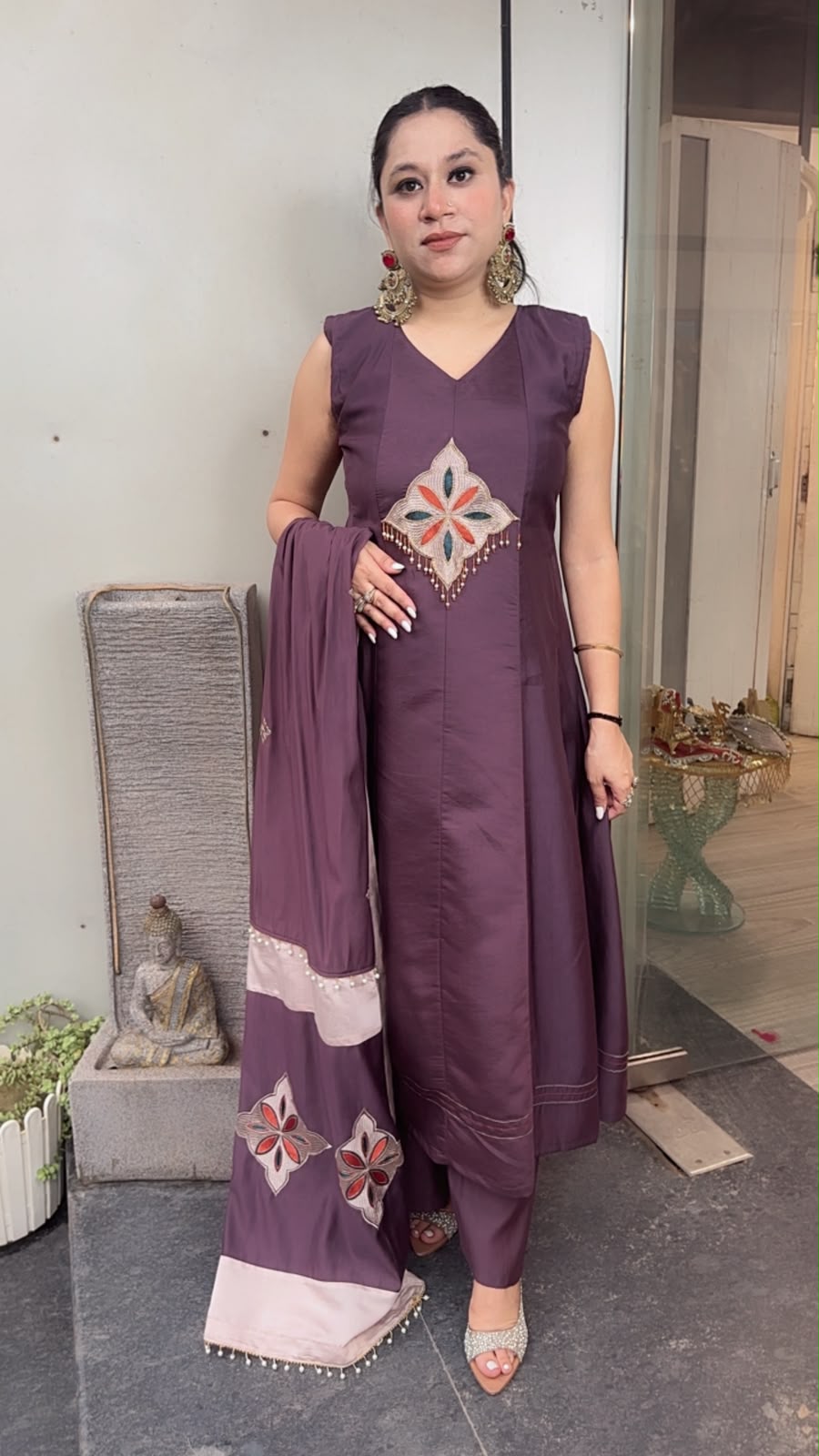 Amber purple Cotton Designer Anarkali Suit (Sleeve fabric Attached)