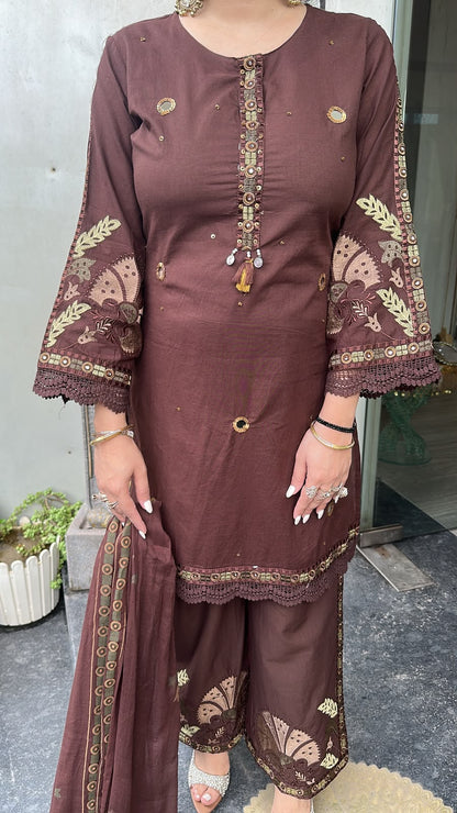 Miravi Brown Cotton Designer suit