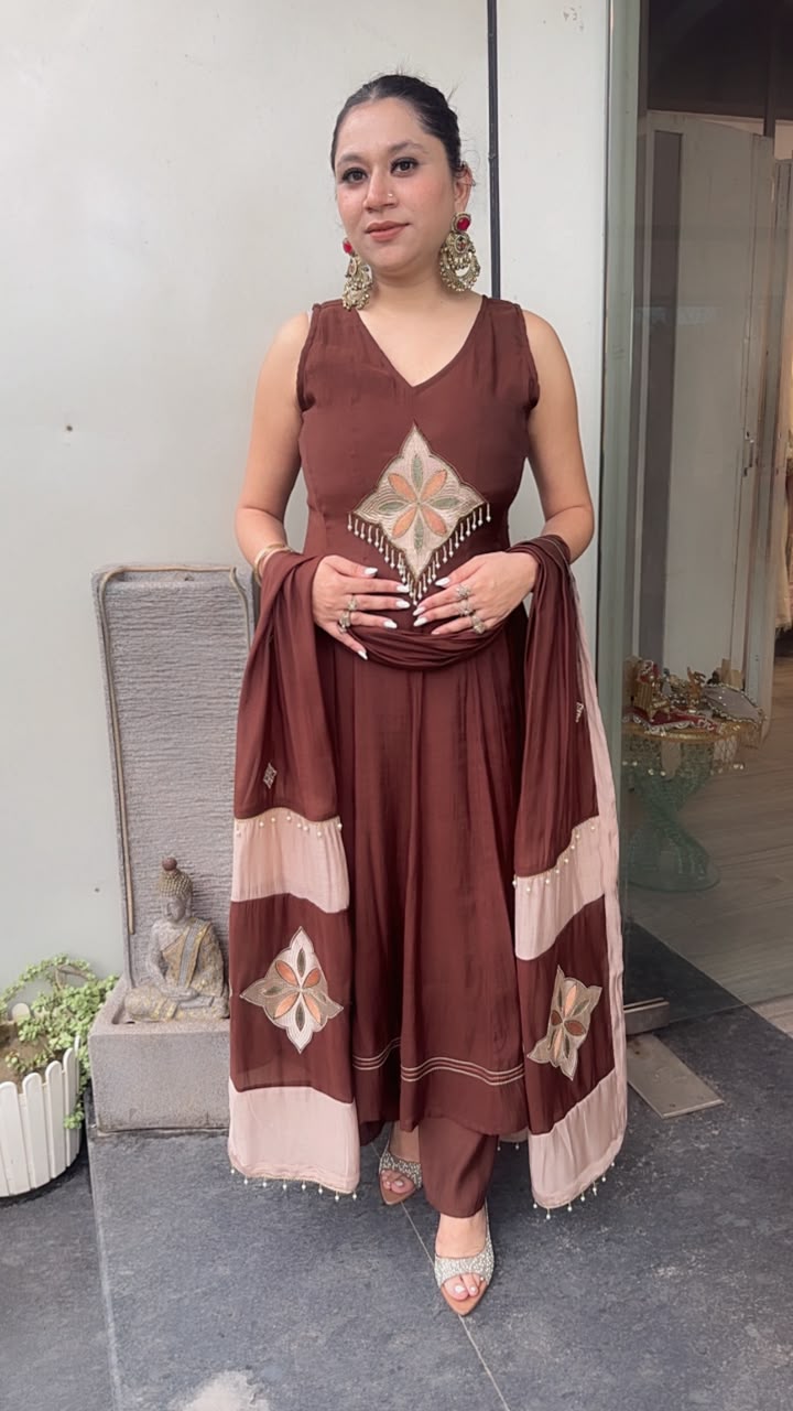 Meraak Brown Cotton Designer Anarkali Suit (Sleeve fabric Attached)