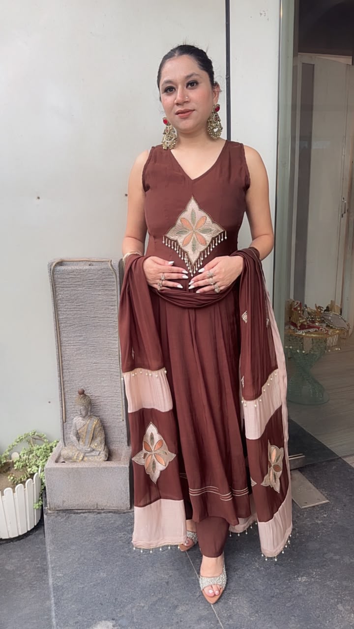 Meraak Brown Cotton Designer Anarkali Suit (Sleeve fabric Attached)