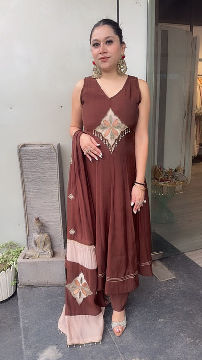 Meraak Brown Cotton Designer Anarkali Suit (Sleeve fabric Attached)