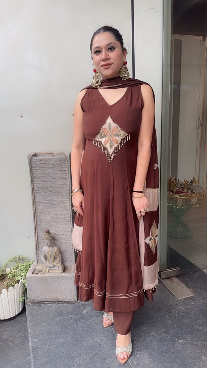 Meraak Brown Cotton Designer Anarkali Suit (Sleeve fabric Attached)