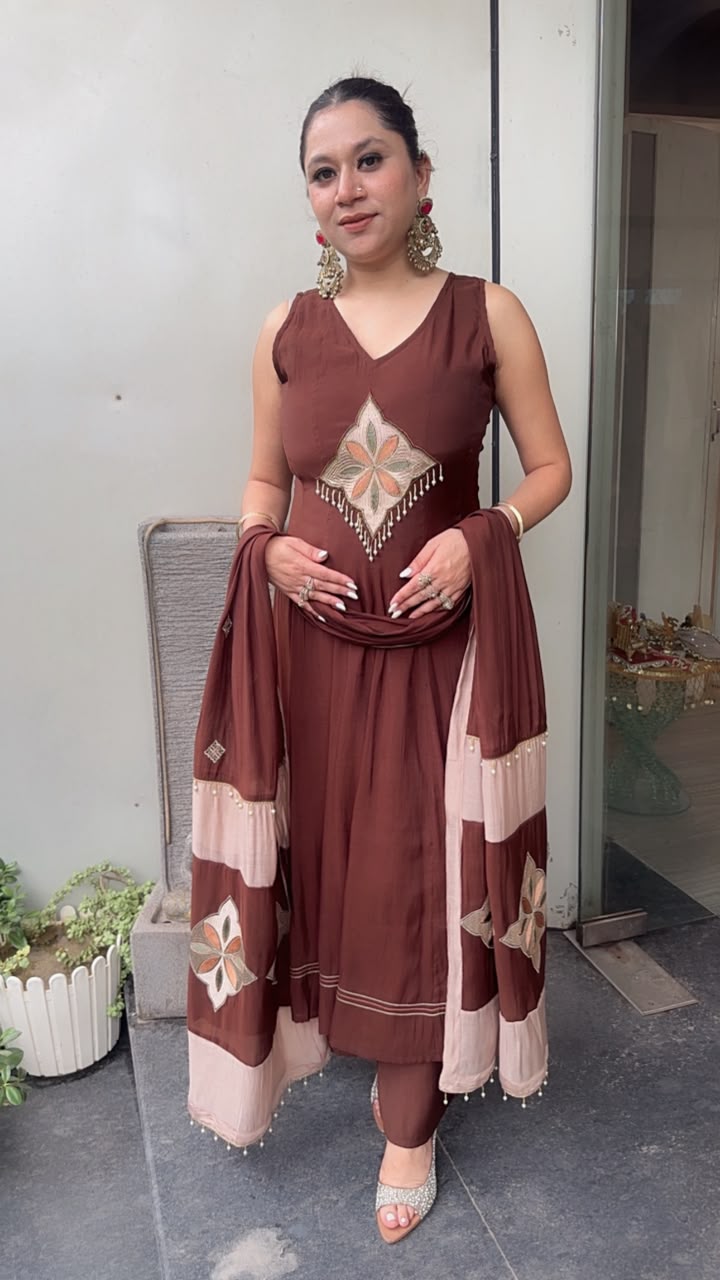 Meraak Brown Cotton Designer Anarkali Suit (Sleeve fabric Attached)