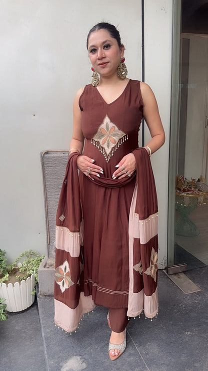 Meraak Brown Cotton Designer Anarkali Suit (Sleeve fabric Attached)