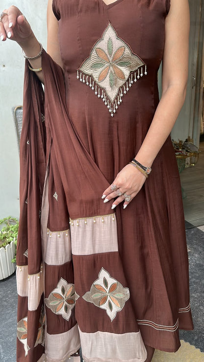 Meraak Brown Cotton Designer Anarkali Suit (Sleeve fabric Attached)