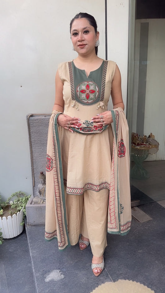 Apsara Beige Peplum Cotton Designer Suit (Sleeve Fabric Attached)