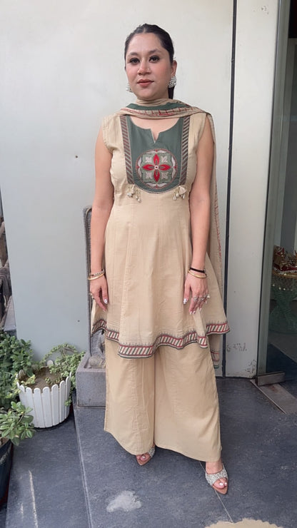 Apsara Beige Peplum Cotton Designer Suit (Sleeve Fabric Attached)