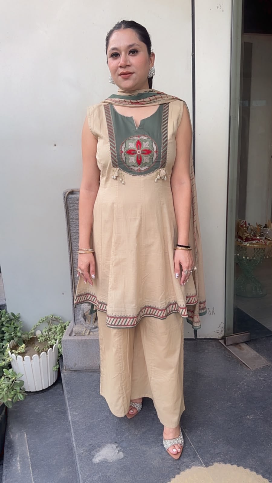 Apsara Beige Peplum Cotton Designer Suit (Sleeve Fabric Attached)