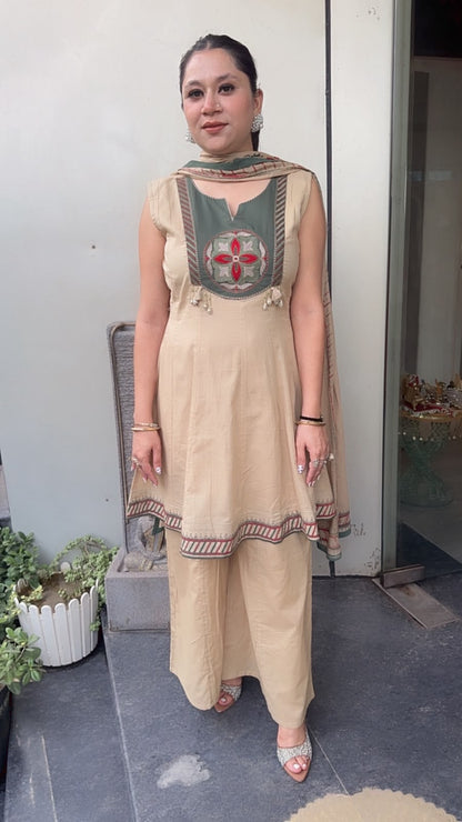 Apsara Beige Peplum Cotton Designer Suit (Sleeve Fabric Attached)