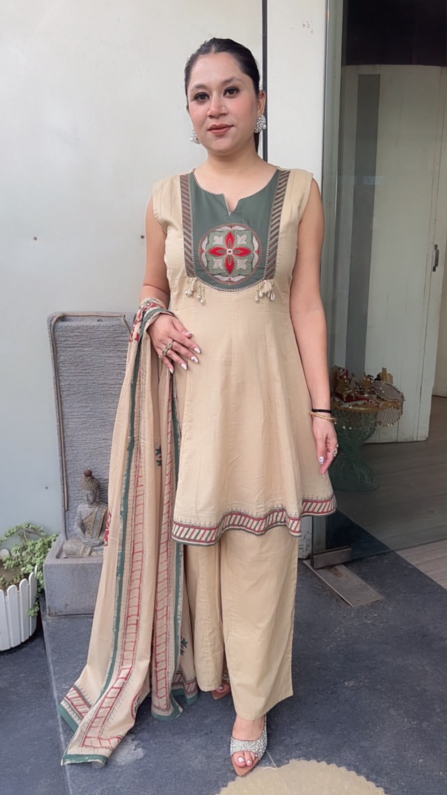 Apsara Beige Peplum Cotton Designer Suit (Sleeve Fabric Attached)