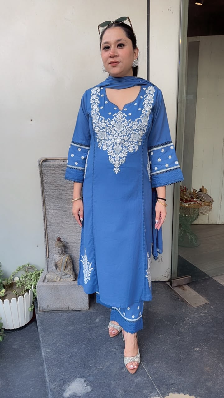 Murri Blue Chikankari A-Line Cotton Suit