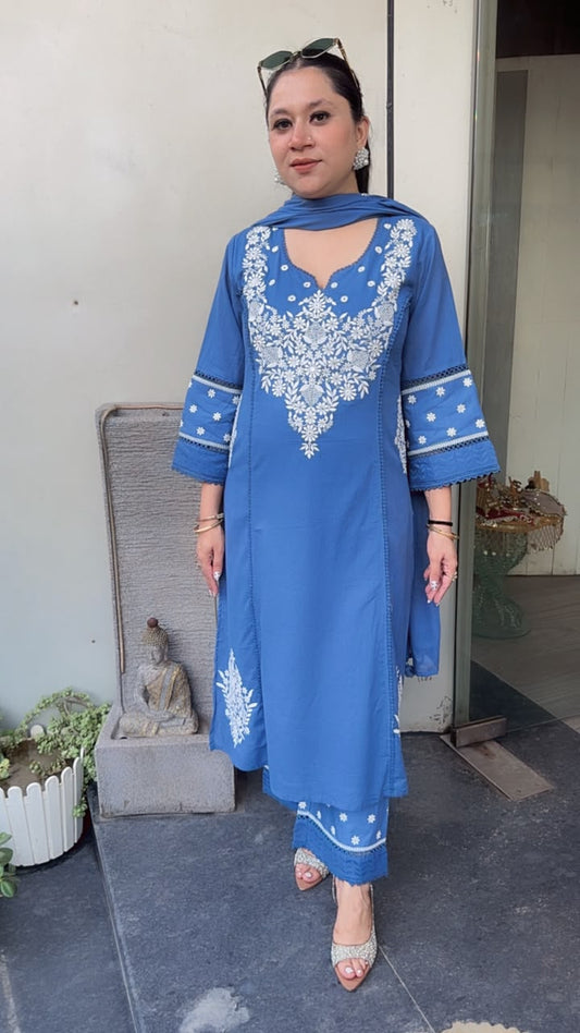 Murri Blue Chikankari A-Line Cotton Suit