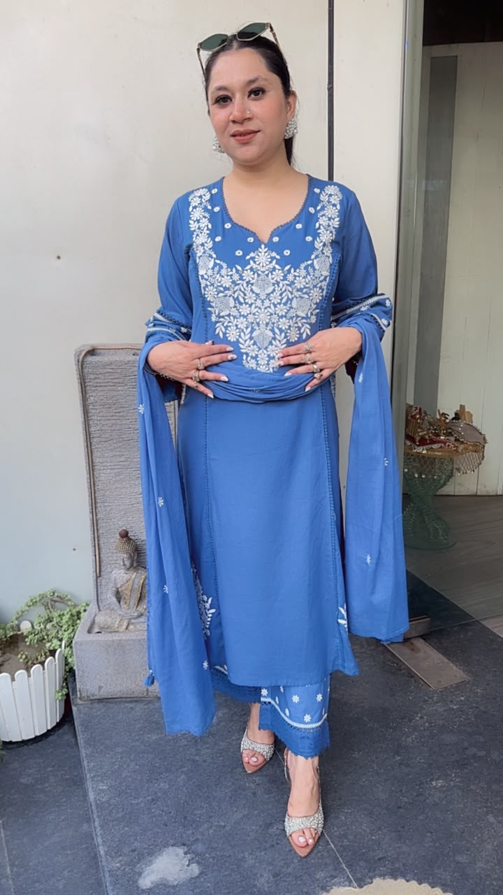 Murri Blue Chikankari A-Line Cotton Suit