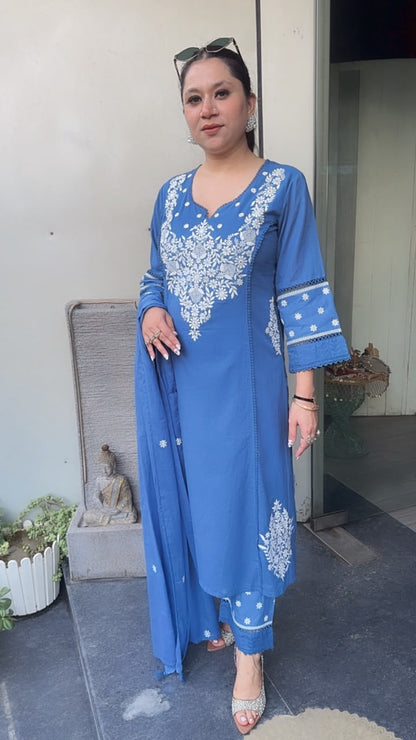 Murri Blue Chikankari A-Line Cotton Suit