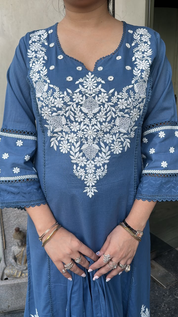 Murri Blue Chikankari A-Line Cotton Suit