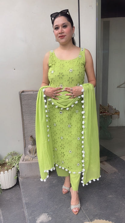Pearl Neon Green Chiffle Designer Suit (Sleeve Fabric Attached)