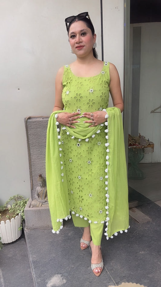 Pearl Neon Green Chiffle Designer Suit (Sleeve Fabric Attached)